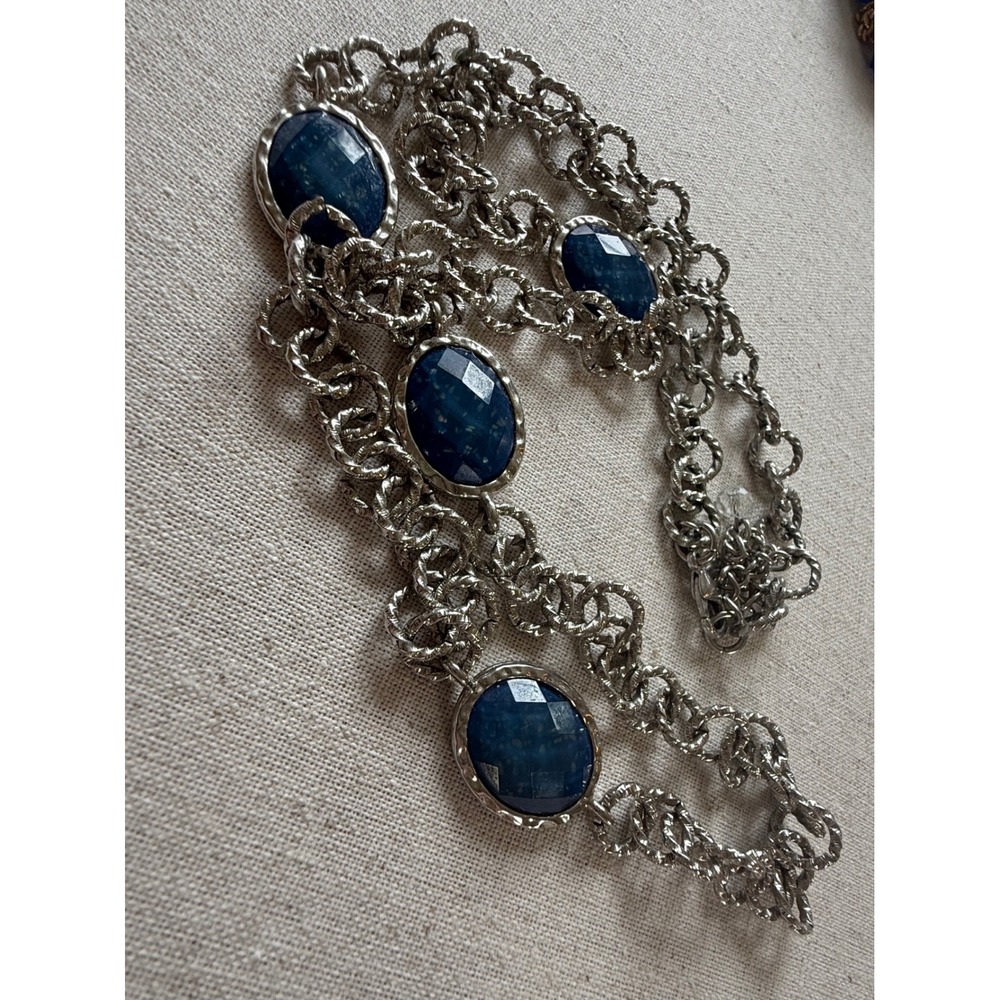 Silver Tone Denim Blue Faux Stone Oval Station Long Link Necklace 32" + 3" ext